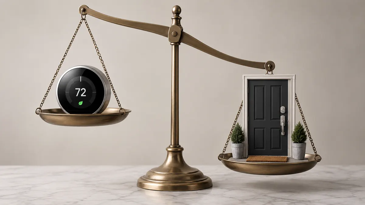 Terazinin bir kefesinde termostat, diğerinde bir ev kapısı; kapı tarafı ağır basıyor