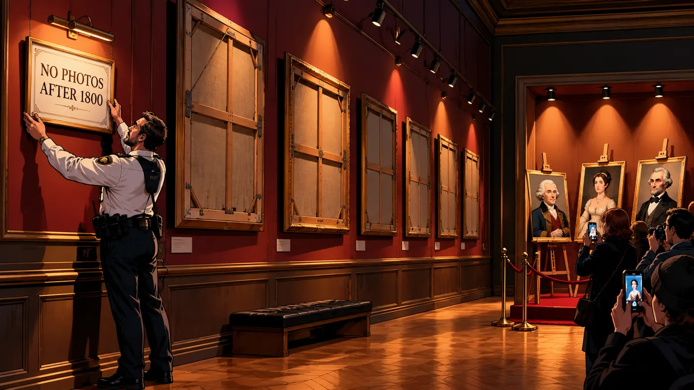 Galeride kapatılan çerçeveler ve "1800 sonrası fotoğraf yok" tabelası (illüstrasyon)