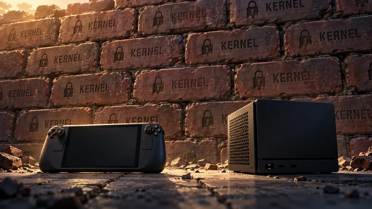 Steam Deck ve yanında masaüstü Steam Machine, ikisi de aynı tuğla duvarın önünde; duvarda 'kernel' yazan tuğlalar