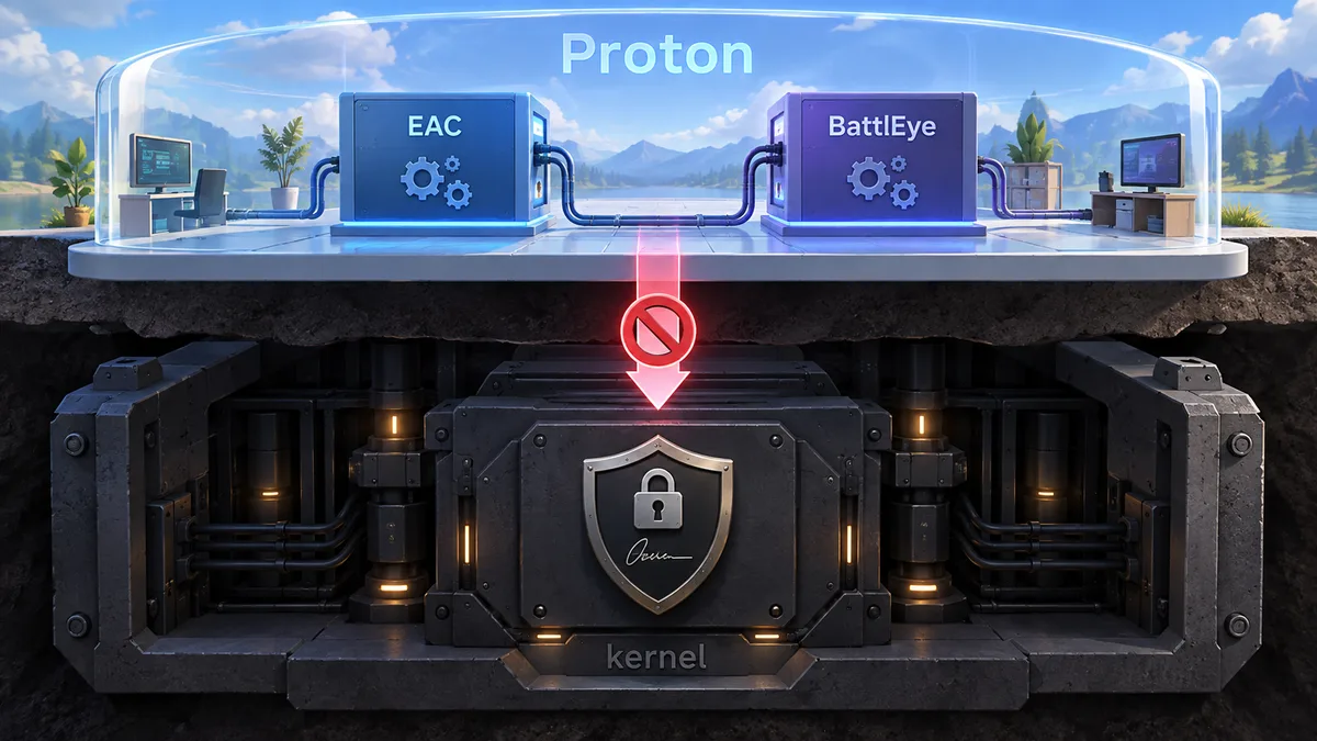 İki katlı kesit: altta kilitli çekirdek katı ve imzalı sürücü rozetli anti-cheat, üstte Proton katmanında çalışan EAC/BattlEye kutuları