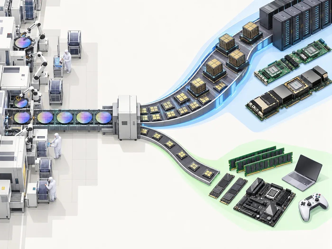 Wafers from a single production line split in two: the wide branch goes to the data center (HBM, server memory), the narrow one to consumers (DDR5, SSDs, a game console) (illustration)