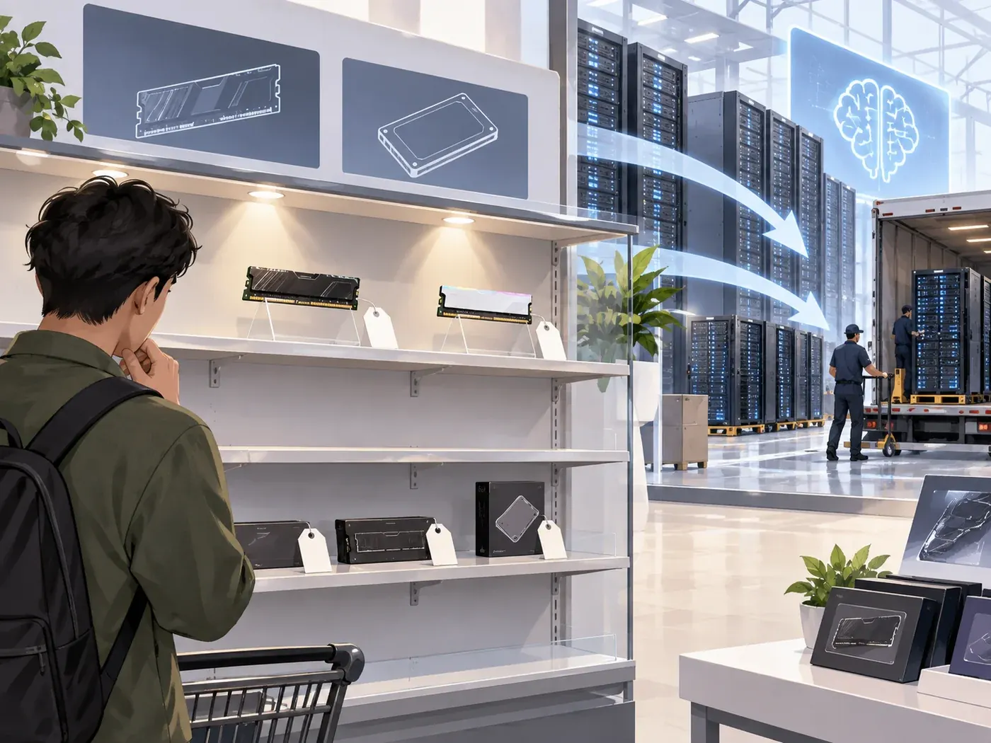 A shopper looking at a sparsely stocked memory shelf; behind, pallets of memory being loaded for a data center (illustration)